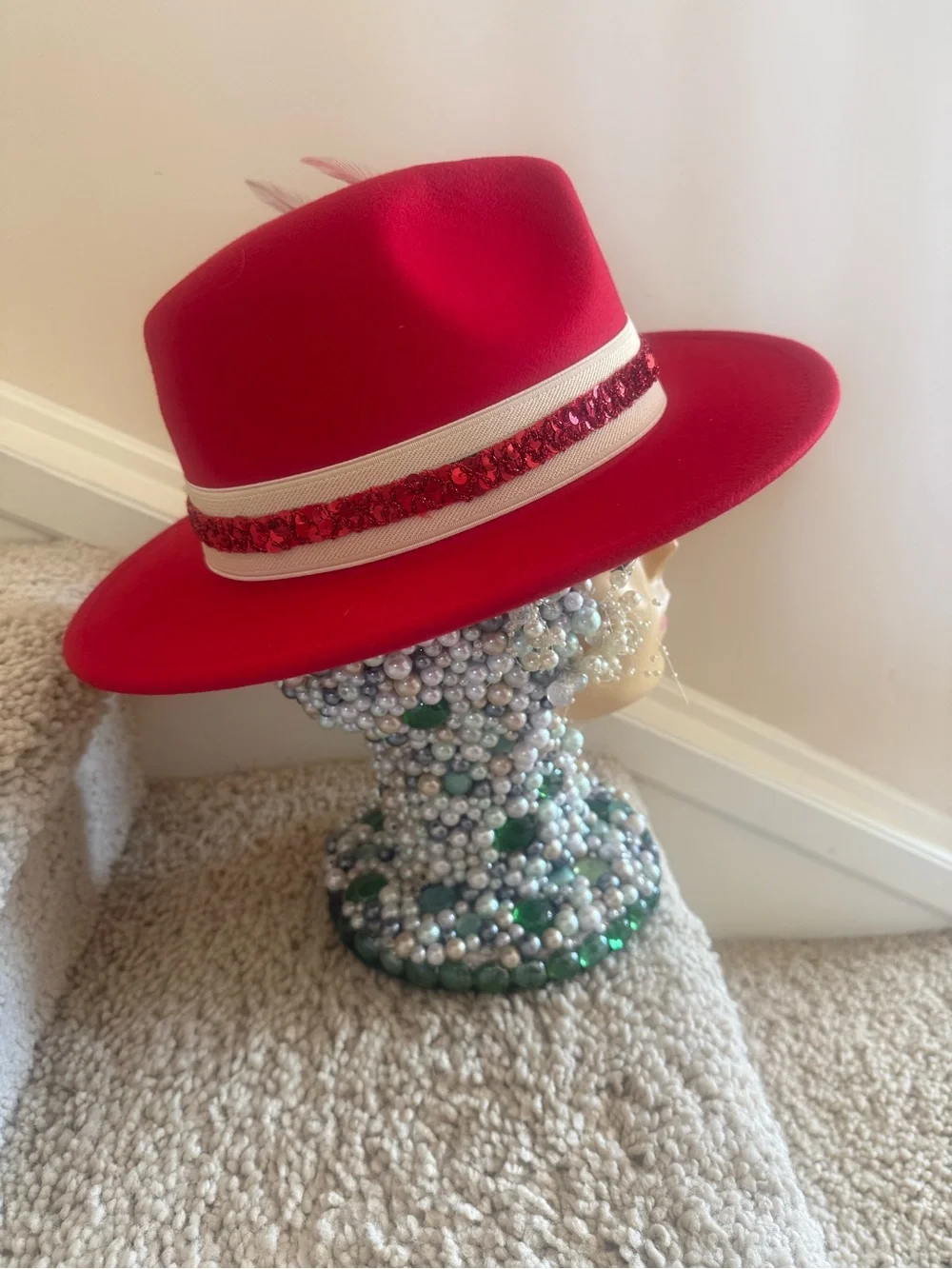 Red Women's Fedora Hat with Sequin Band